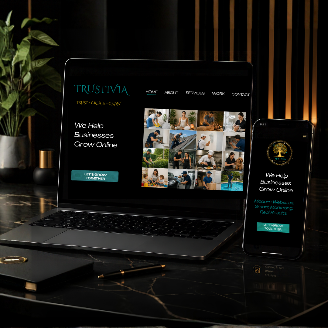 A Trustivia website shown on a laptop and a phone