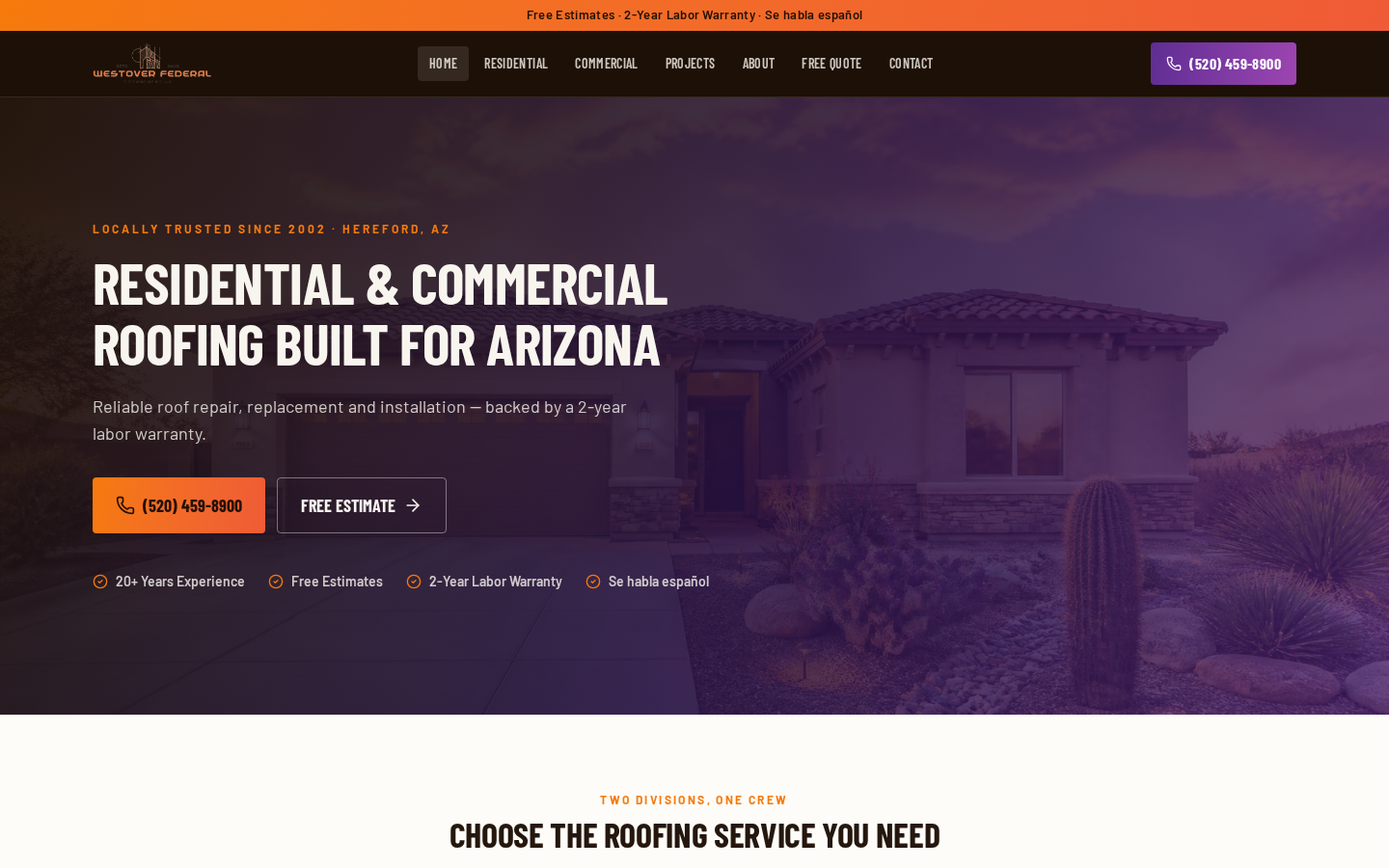 Westover Roofing website preview showing roofing services and estimate actions